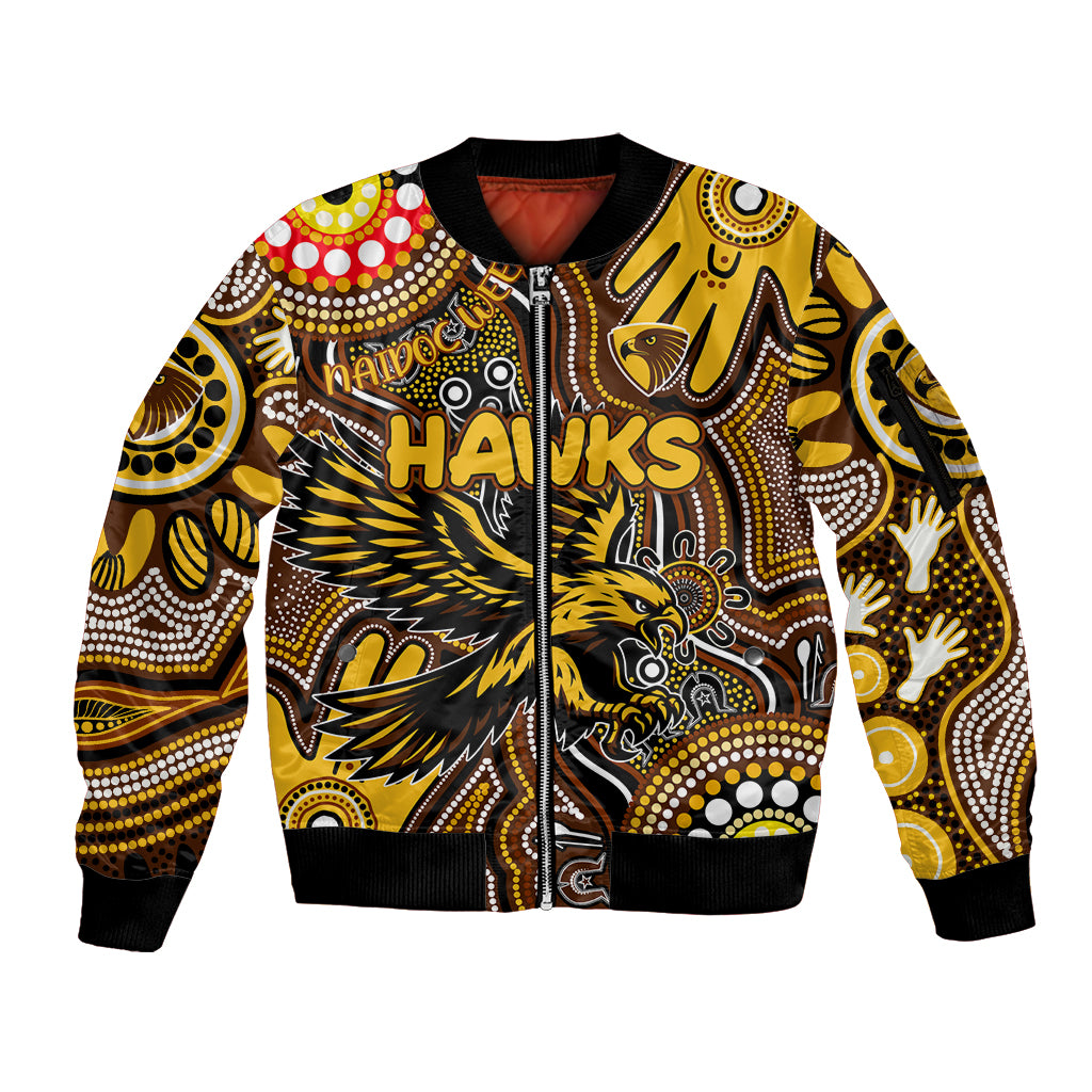 Personalised NAIDOC Week 2024 Hawthorn Hawks Sleeve Zip Bomber Jacket Australian Aboriginal Hand Painting