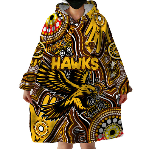 Personalised NAIDOC Week 2024 Hawthorn Hawks Wearable Blanket Hoodie Australian Aboriginal Hand Painting
