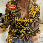 Personalised NAIDOC Week 2024 Hawthorn Hawks Women Casual Shirt Australian Aboriginal Hand Painting