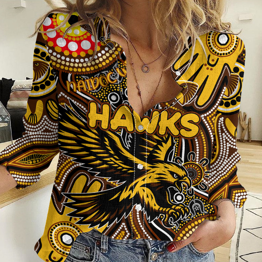 Personalised NAIDOC Week 2024 Hawthorn Hawks Women Casual Shirt Australian Aboriginal Hand Painting