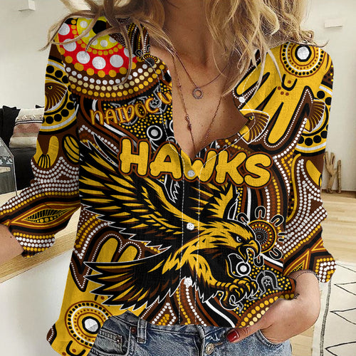 Personalised NAIDOC Week 2024 Hawthorn Hawks Women Casual Shirt Australian Aboriginal Hand Painting
