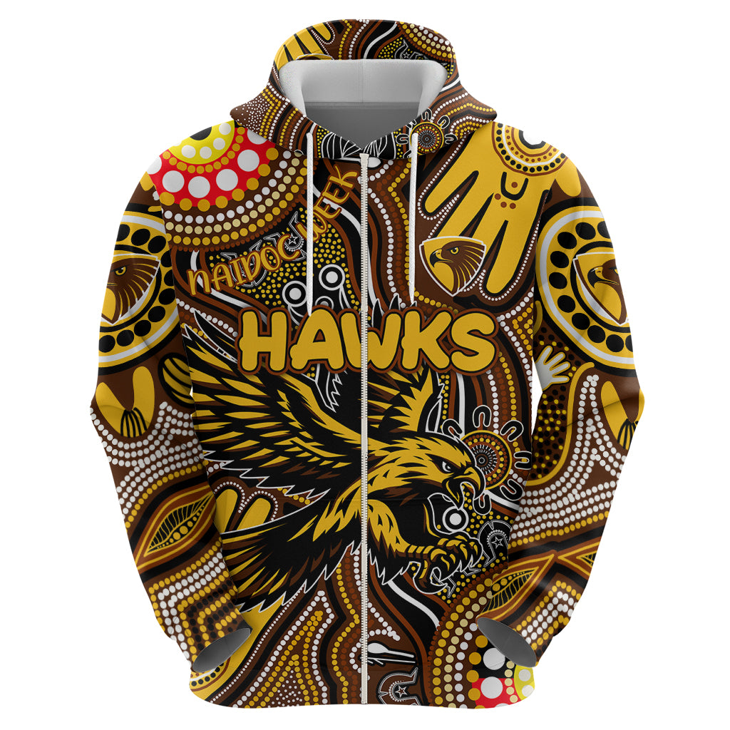 Personalised NAIDOC Week 2024 Hawthorn Hawks Zip Hoodie Australian Aboriginal Hand Painting