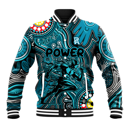 Personalised NAIDOC Week 2024 Port Adelaide Power Baseball Jacket Australian Aboriginal Hand Painting