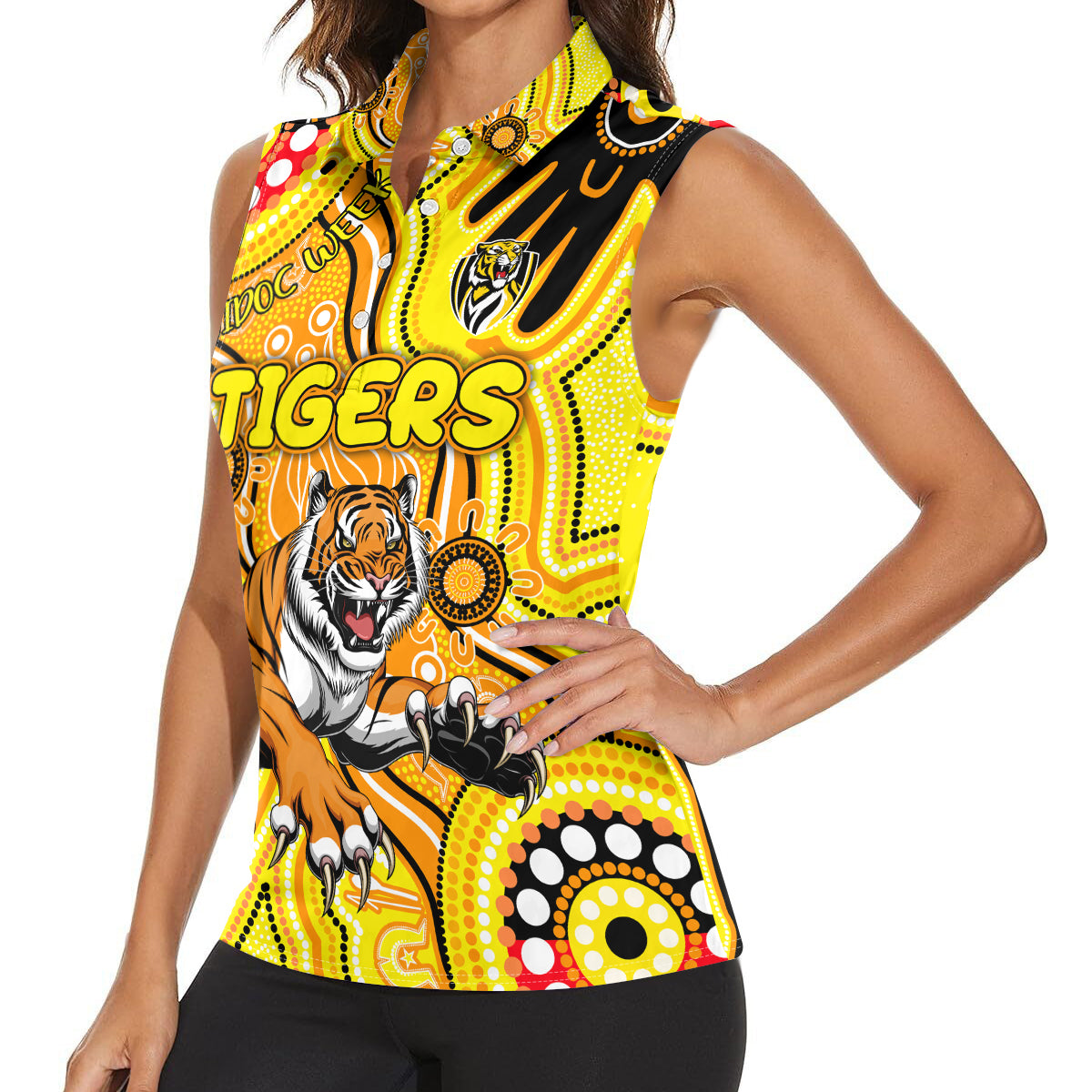 Personalised NAIDOC Week 2024 Richmond Tiger Women Sleeveless Polo Shirt Australian Aboriginal Hand Painting