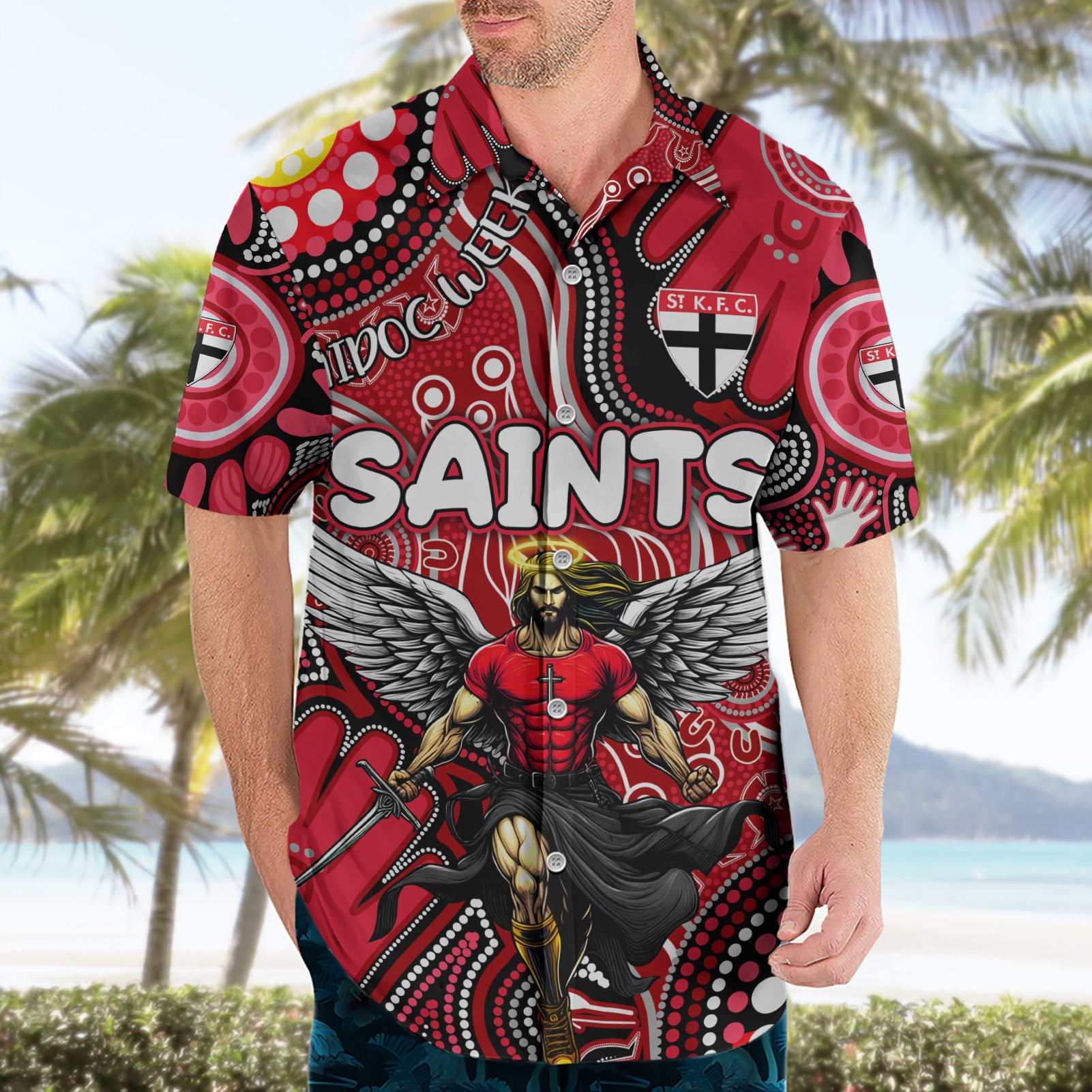 Personalised NAIDOC Week 2024 St Kilda Saints Hawaiian Shirt Australian Aboriginal Hand Painting