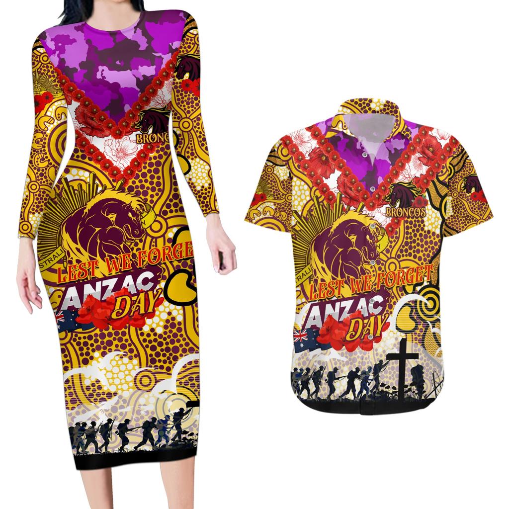 Personalised Broncos ANZAC Day Couples Matching Long Sleeve Bodycon Dress and Hawaiian Shirt Aboriginal Rising Sun