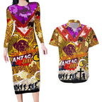 Personalised Broncos ANZAC Day Couples Matching Long Sleeve Bodycon Dress and Hawaiian Shirt Aboriginal Rising Sun