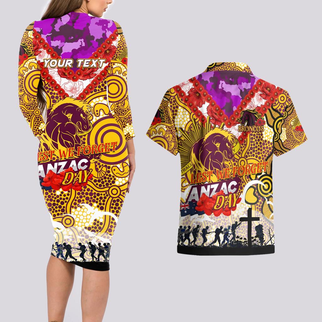 Personalised Broncos ANZAC Day Couples Matching Long Sleeve Bodycon Dress and Hawaiian Shirt Aboriginal Rising Sun