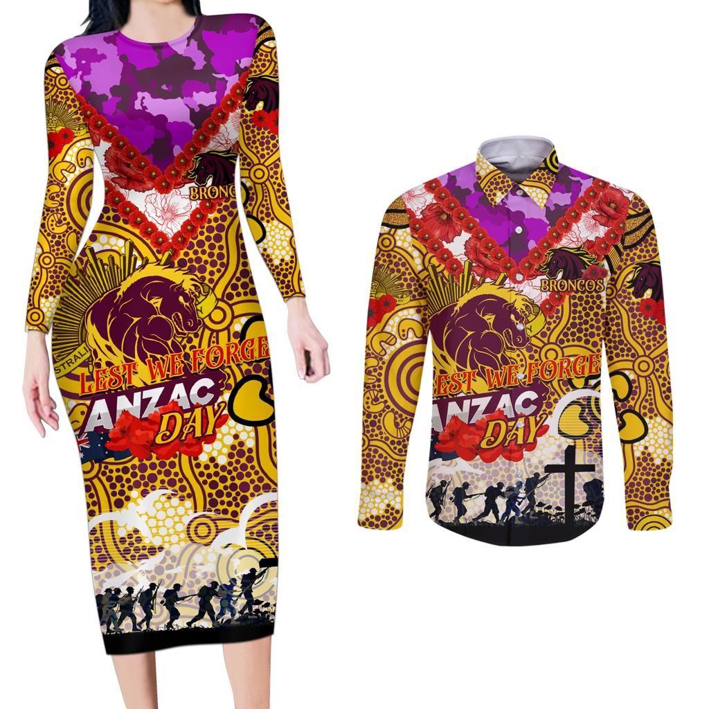 Personalised Broncos ANZAC Day Couples Matching Long Sleeve Bodycon Dress and Long Sleeve Button Shirt Aboriginal Rising Sun