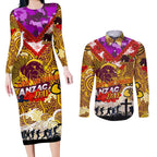 Personalised Broncos ANZAC Day Couples Matching Long Sleeve Bodycon Dress and Long Sleeve Button Shirt Aboriginal Rising Sun