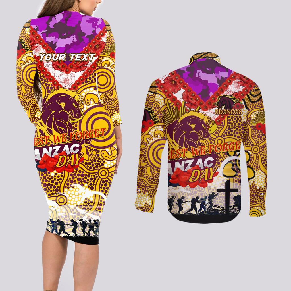 Personalised Broncos ANZAC Day Couples Matching Long Sleeve Bodycon Dress and Long Sleeve Button Shirt Aboriginal Rising Sun