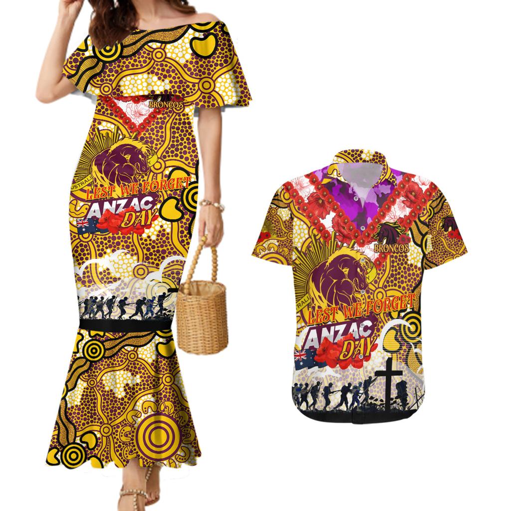 Personalised Broncos ANZAC Day Couples Matching Mermaid Dress and Hawaiian Shirt Aboriginal Rising Sun