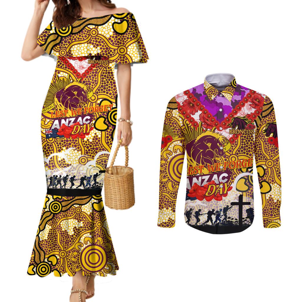 Personalised Broncos ANZAC Day Couples Matching Mermaid Dress and Long Sleeve Button Shirt Aboriginal Rising Sun