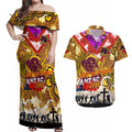 Personalised Broncos ANZAC Day Couples Matching Off Shoulder Maxi Dress and Hawaiian Shirt Aboriginal Rising Sun