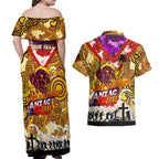 Personalised Broncos ANZAC Day Couples Matching Off Shoulder Maxi Dress and Hawaiian Shirt Aboriginal Rising Sun