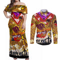 Personalised Broncos ANZAC Day Couples Matching Off Shoulder Maxi Dress and Long Sleeve Button Shirt Aboriginal Rising Sun