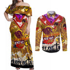 Personalised Broncos ANZAC Day Couples Matching Off Shoulder Maxi Dress and Long Sleeve Button Shirt Aboriginal Rising Sun