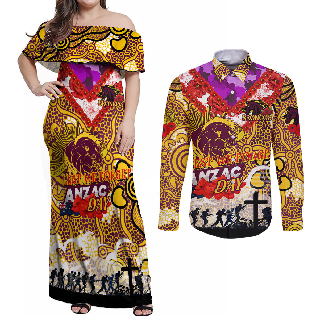 Personalised Broncos ANZAC Day Couples Matching Off Shoulder Maxi Dress and Long Sleeve Button Shirt Aboriginal Rising Sun