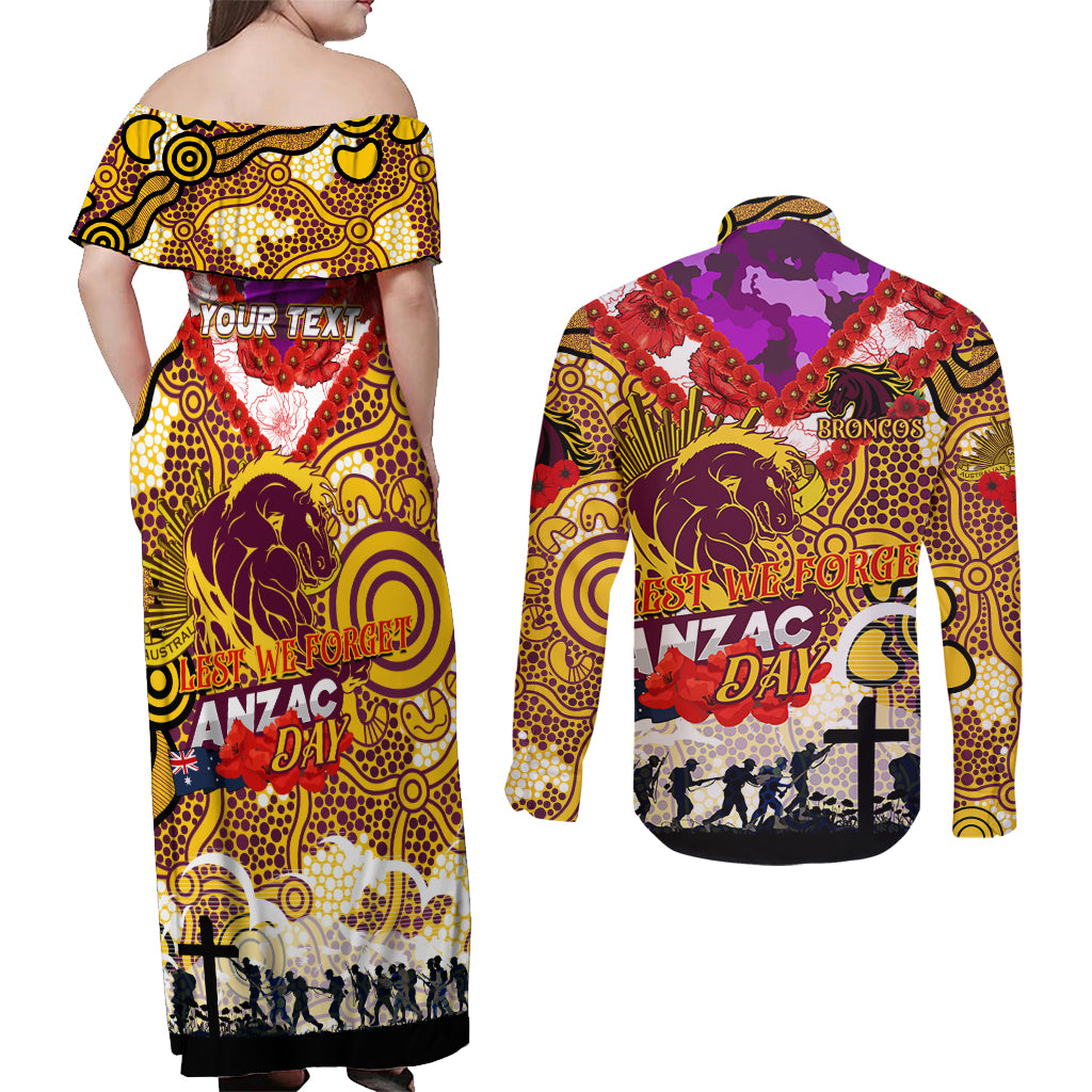 Personalised Broncos ANZAC Day Couples Matching Off Shoulder Maxi Dress and Long Sleeve Button Shirt Aboriginal Rising Sun