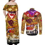 Personalised Broncos ANZAC Day Couples Matching Off Shoulder Maxi Dress and Long Sleeve Button Shirt Aboriginal Rising Sun