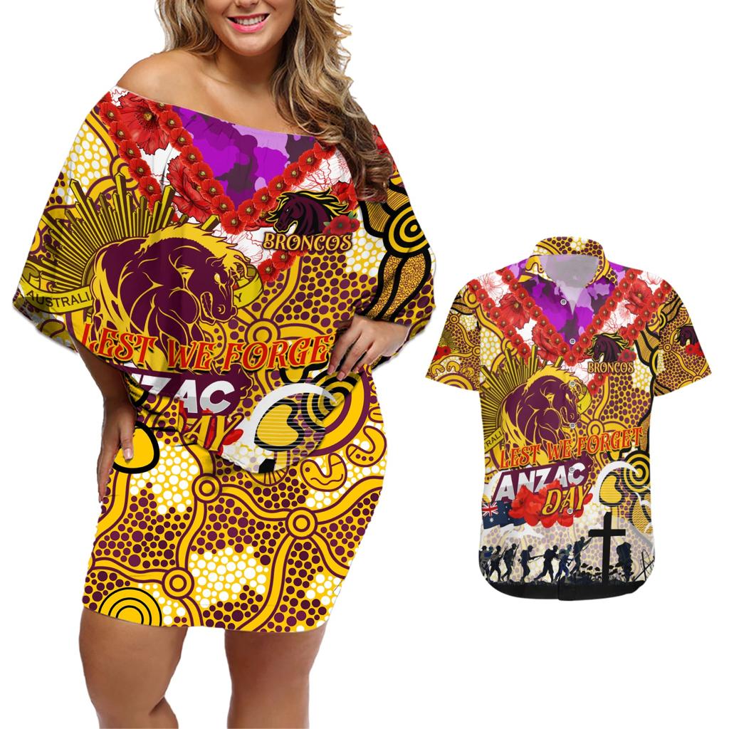 Personalised Broncos ANZAC Day Couples Matching Off Shoulder Short Dress and Hawaiian Shirt Aboriginal Rising Sun