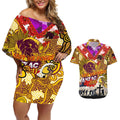 Personalised Broncos ANZAC Day Couples Matching Off Shoulder Short Dress and Hawaiian Shirt Aboriginal Rising Sun