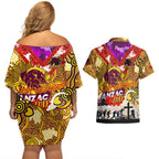 Personalised Broncos ANZAC Day Couples Matching Off Shoulder Short Dress and Hawaiian Shirt Aboriginal Rising Sun