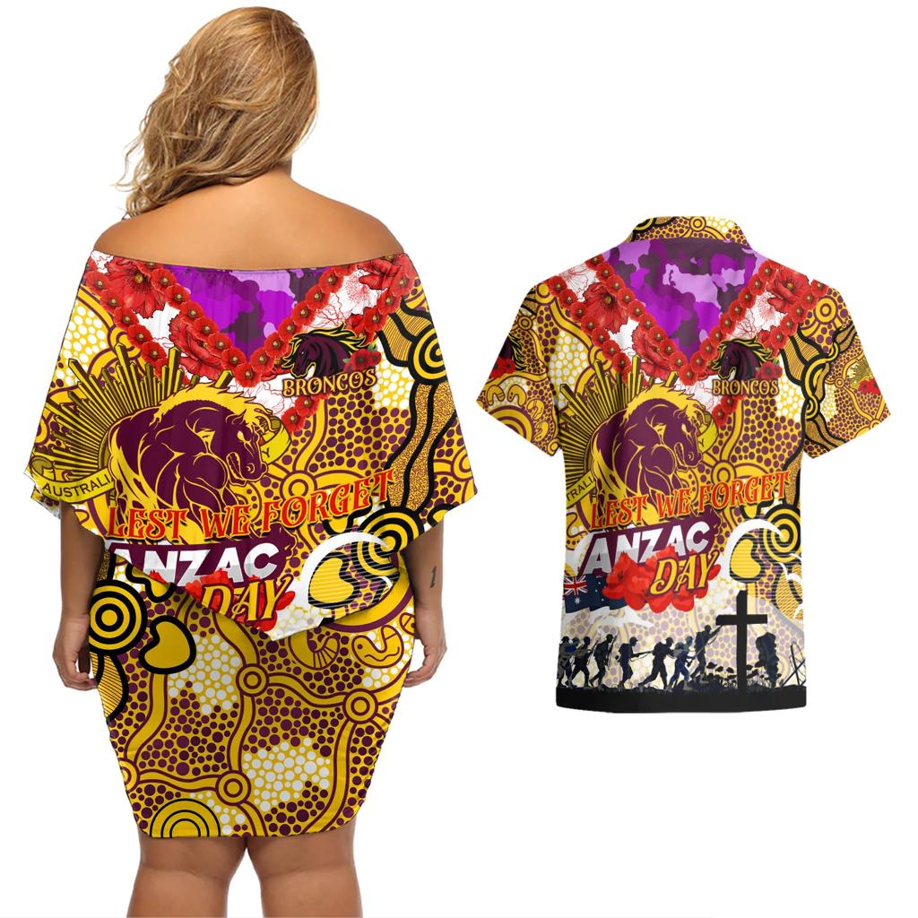 Personalised Broncos ANZAC Day Couples Matching Off Shoulder Short Dress and Hawaiian Shirt Aboriginal Rising Sun