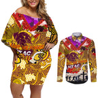 Personalised Broncos ANZAC Day Couples Matching Off Shoulder Short Dress and Long Sleeve Button Shirt Aboriginal Rising Sun