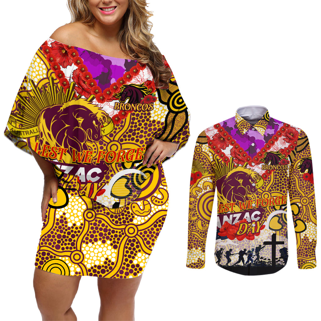 Personalised Broncos ANZAC Day Couples Matching Off Shoulder Short Dress and Long Sleeve Button Shirt Aboriginal Rising Sun