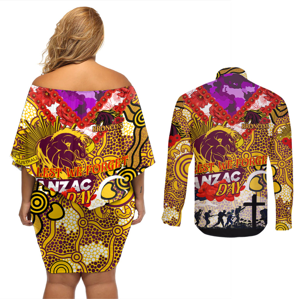 Personalised Broncos ANZAC Day Couples Matching Off Shoulder Short Dress and Long Sleeve Button Shirt Aboriginal Rising Sun