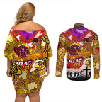 Personalised Broncos ANZAC Day Couples Matching Off Shoulder Short Dress and Long Sleeve Button Shirt Aboriginal Rising Sun