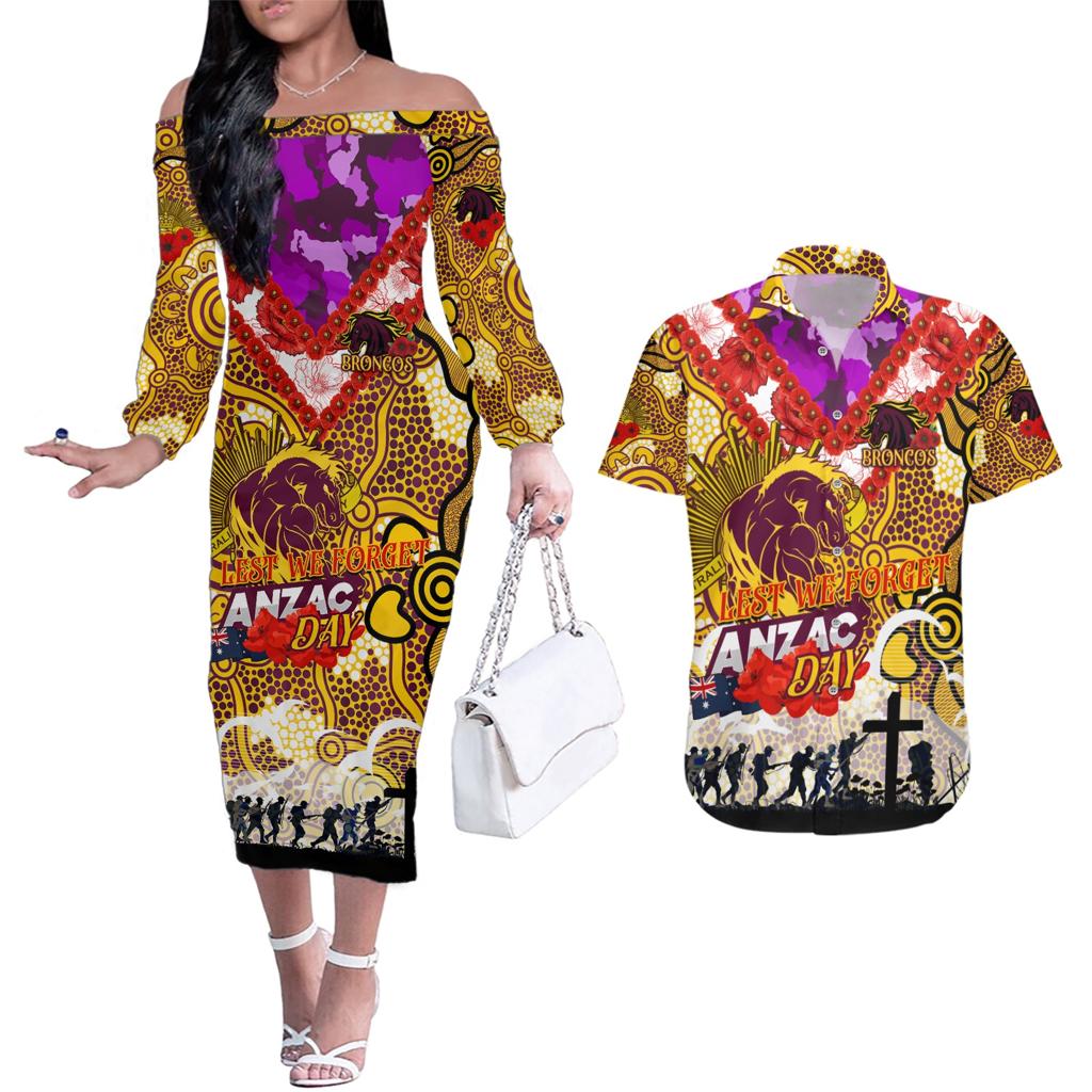 Personalised Broncos ANZAC Day Couples Matching Off The Shoulder Long Sleeve Dress and Hawaiian Shirt Aboriginal Rising Sun