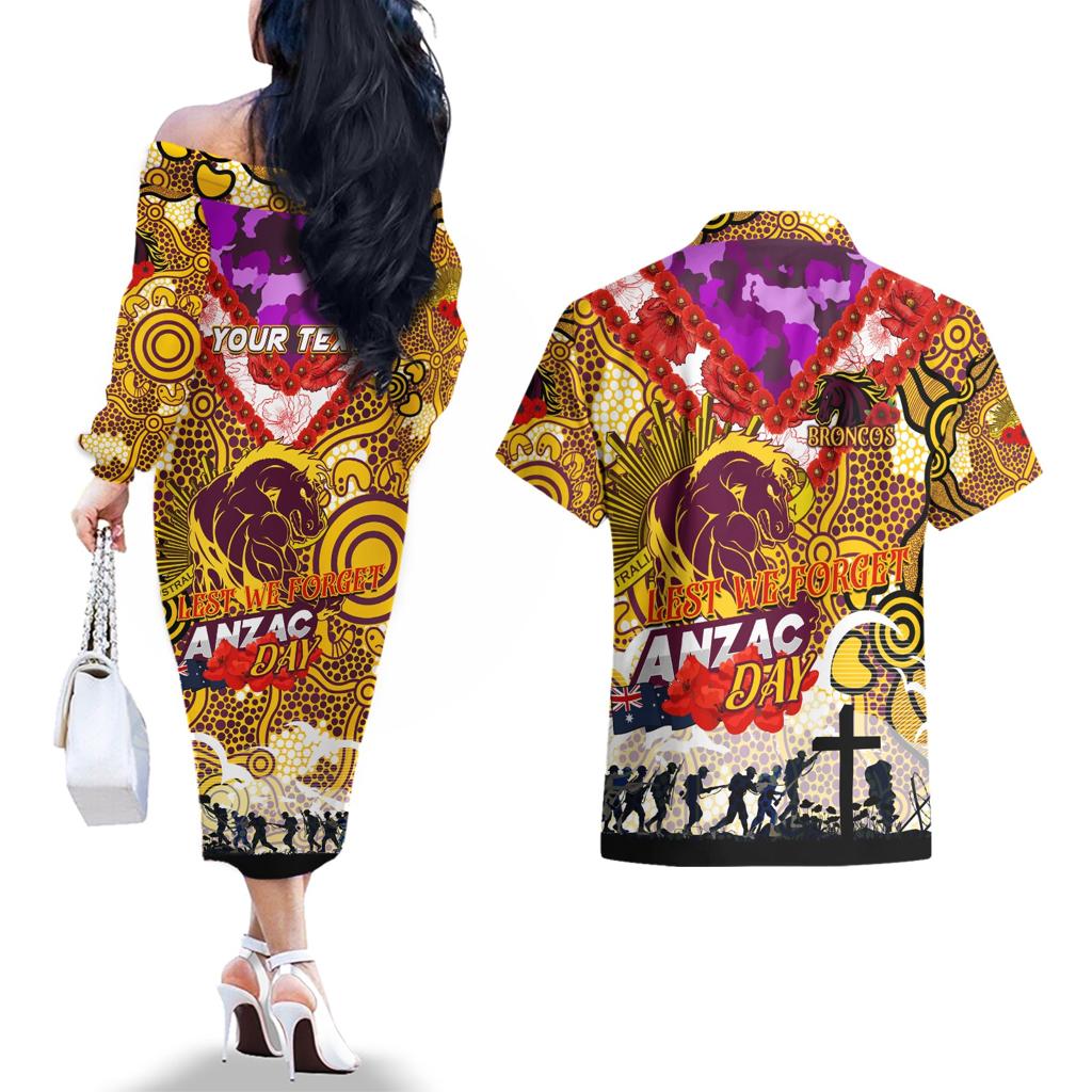 Personalised Broncos ANZAC Day Couples Matching Off The Shoulder Long Sleeve Dress and Hawaiian Shirt Aboriginal Rising Sun