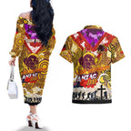 Personalised Broncos ANZAC Day Couples Matching Off The Shoulder Long Sleeve Dress and Hawaiian Shirt Aboriginal Rising Sun