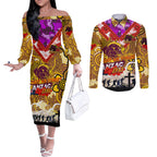 Personalised Broncos ANZAC Day Couples Matching Off The Shoulder Long Sleeve Dress and Long Sleeve Button Shirt Aboriginal Rising Sun