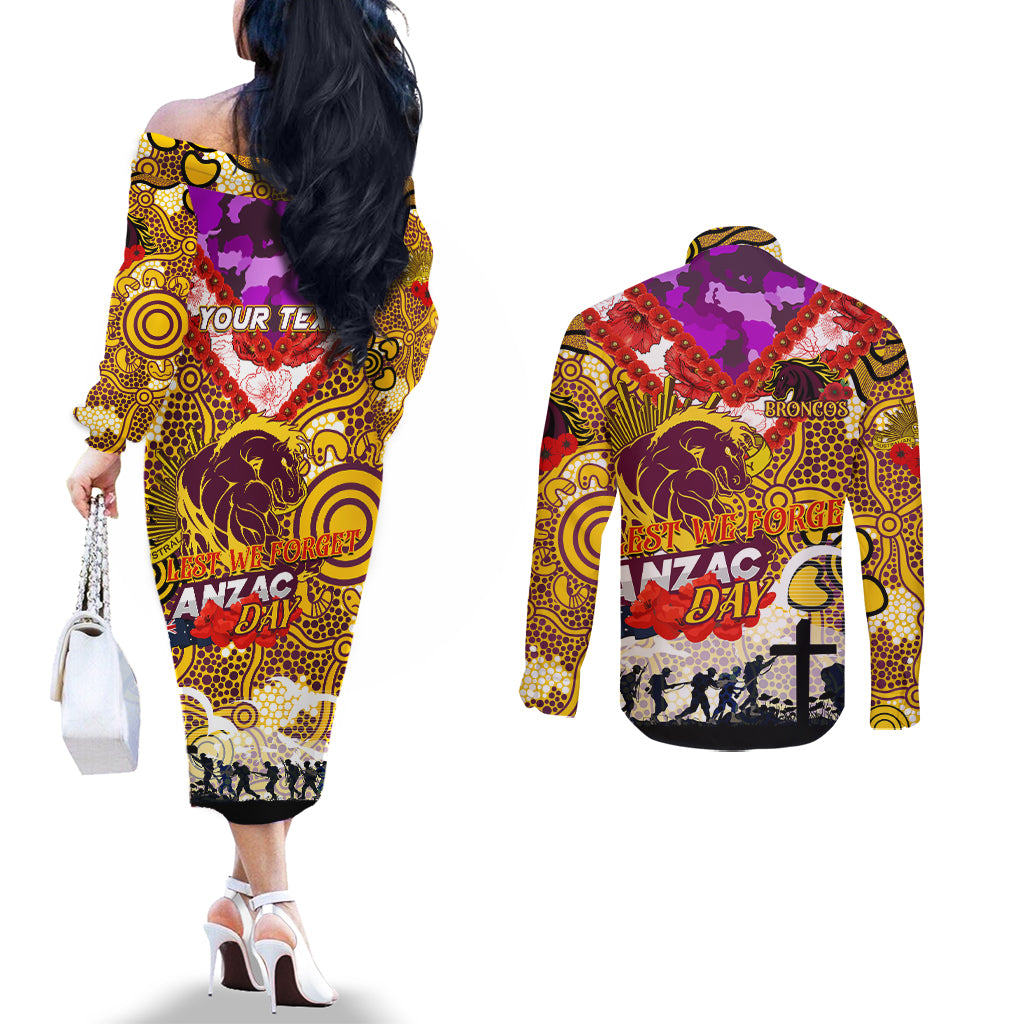 Personalised Broncos ANZAC Day Couples Matching Off The Shoulder Long Sleeve Dress and Long Sleeve Button Shirt Aboriginal Rising Sun
