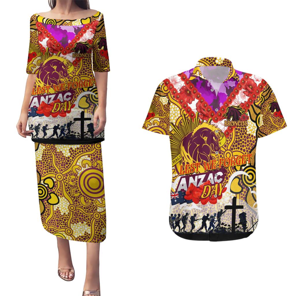 Personalised Broncos ANZAC Day Couples Matching Puletasi and Hawaiian Shirt Aboriginal Rising Sun