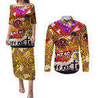 Personalised Broncos ANZAC Day Couples Matching Puletasi and Long Sleeve Button Shirt Aboriginal Rising Sun