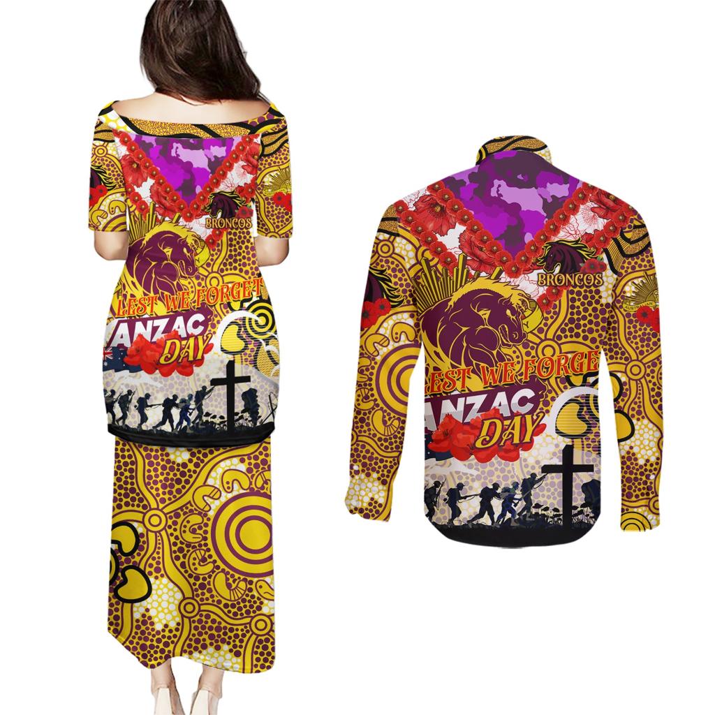 Personalised Broncos ANZAC Day Couples Matching Puletasi and Long Sleeve Button Shirt Aboriginal Rising Sun