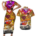 Personalised Broncos ANZAC Day Couples Matching Short Sleeve Bodycon Dress and Hawaiian Shirt Aboriginal Rising Sun