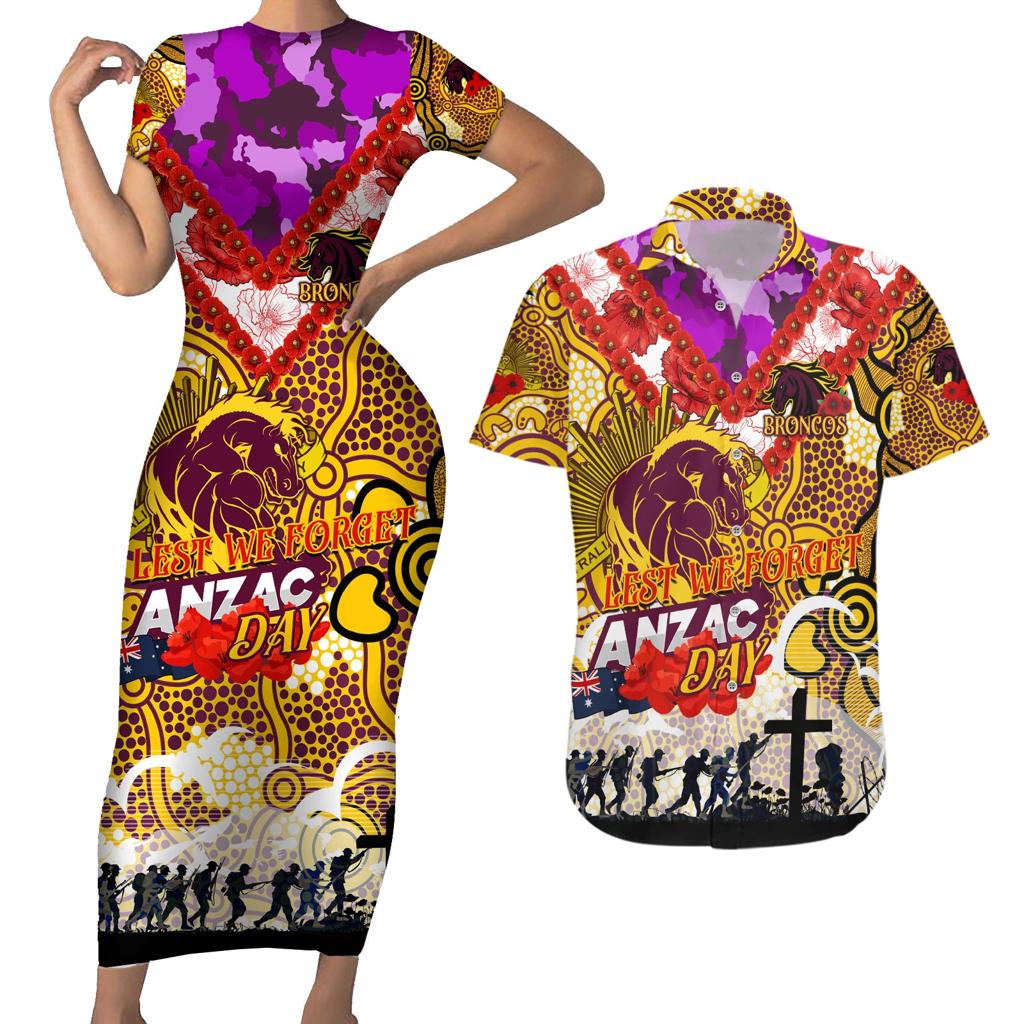 Personalised Broncos ANZAC Day Couples Matching Short Sleeve Bodycon Dress and Hawaiian Shirt Aboriginal Rising Sun