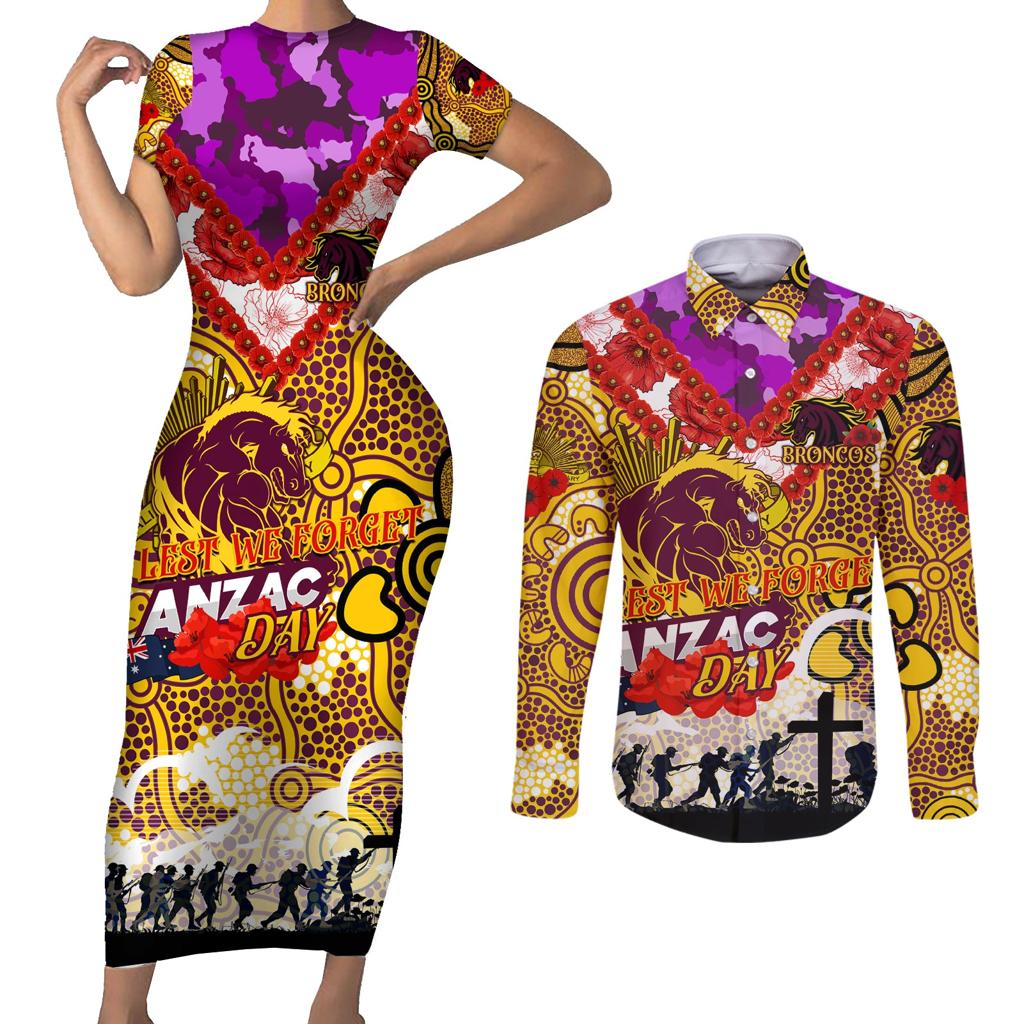 Personalised Broncos ANZAC Day Couples Matching Short Sleeve Bodycon Dress and Long Sleeve Button Shirt Aboriginal Rising Sun
