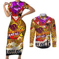 Personalised Broncos ANZAC Day Couples Matching Short Sleeve Bodycon Dress and Long Sleeve Button Shirt Aboriginal Rising Sun