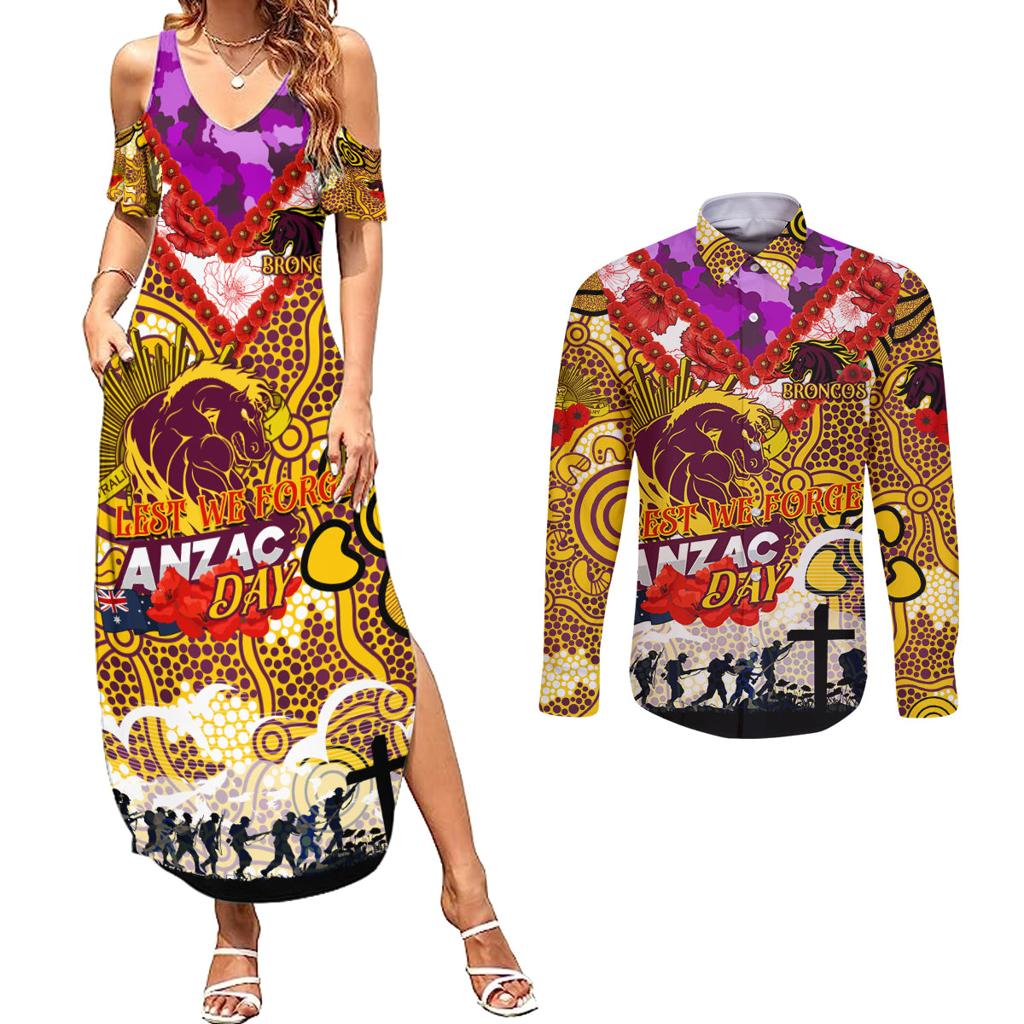 Personalised Broncos ANZAC Day Couples Matching Summer Maxi Dress and Long Sleeve Button Shirt Aboriginal Rising Sun