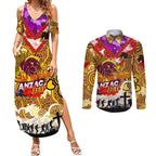 Personalised Broncos ANZAC Day Couples Matching Summer Maxi Dress and Long Sleeve Button Shirt Aboriginal Rising Sun