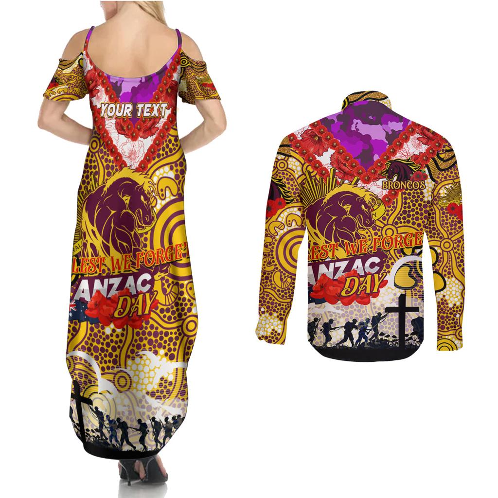 Personalised Broncos ANZAC Day Couples Matching Summer Maxi Dress and Long Sleeve Button Shirt Aboriginal Rising Sun