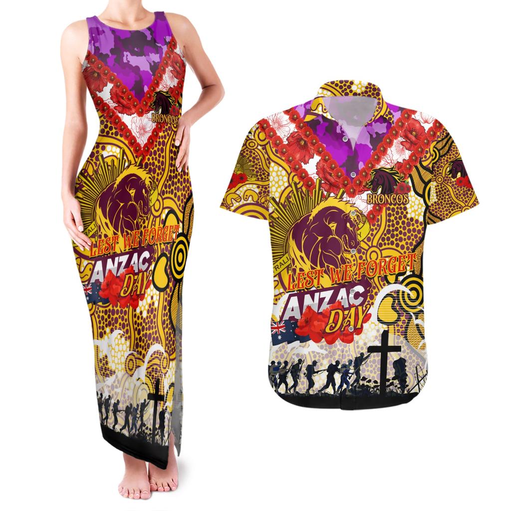 Personalised Broncos ANZAC Day Couples Matching Tank Maxi Dress and Hawaiian Shirt Aboriginal Rising Sun