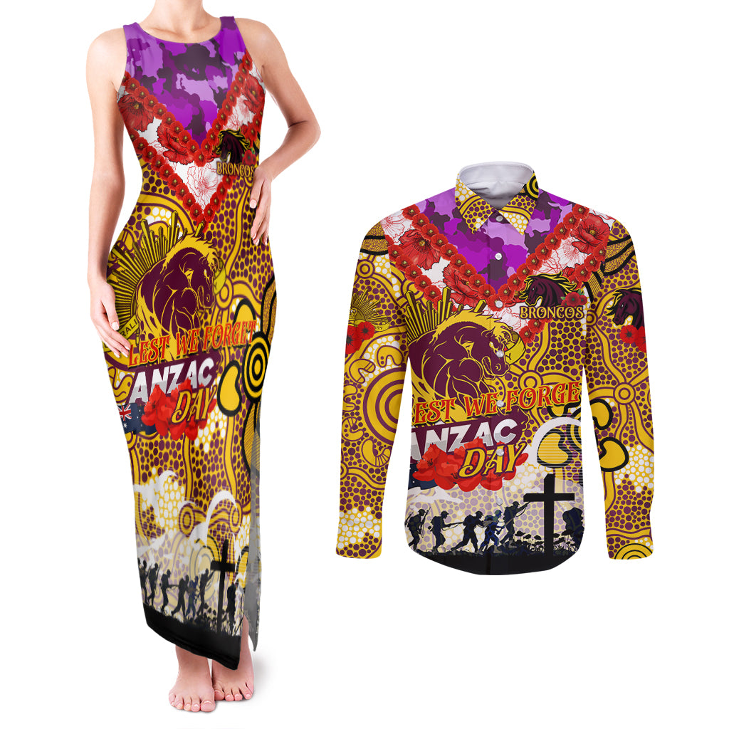 Personalised Broncos ANZAC Day Couples Matching Tank Maxi Dress and Long Sleeve Button Shirt Aboriginal Rising Sun