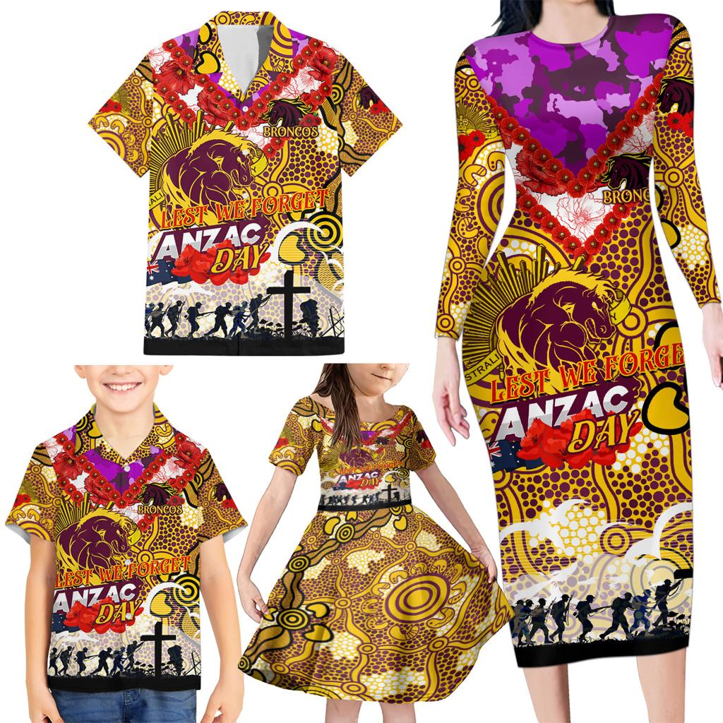 Personalised Broncos ANZAC Day Family Matching Long Sleeve Bodycon Dress and Hawaiian Shirt Aboriginal Rising Sun